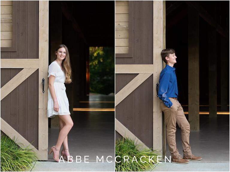 Individual images of teenagers leaning against a barn door in Marvin Efird Park