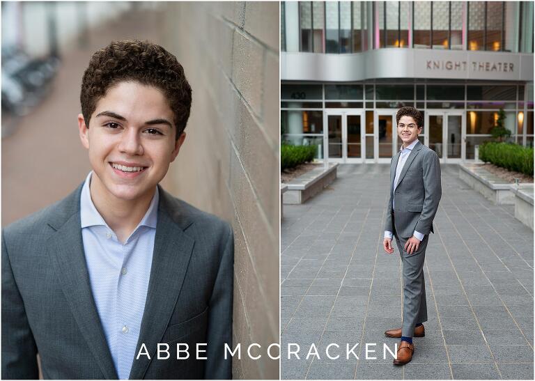 Senior pictures of a boy in gray suit, blue shirt and tan shoes