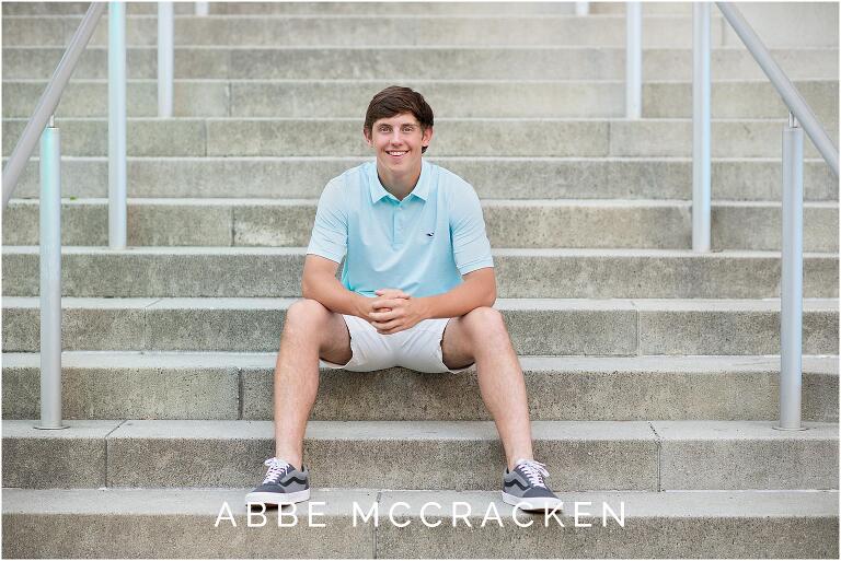 Senior portrait on Mint Museum steps in Uptown Charlotte