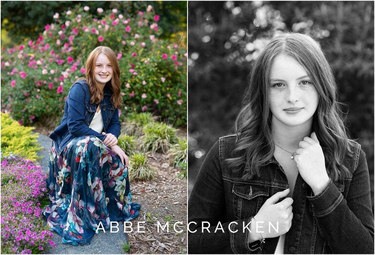 Spring senior pictures with flowers and blooming rose bushes