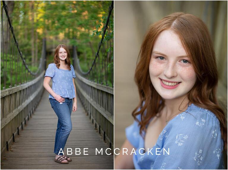 Senior portraits on wooden bridge in Charlotte's Freedom Park