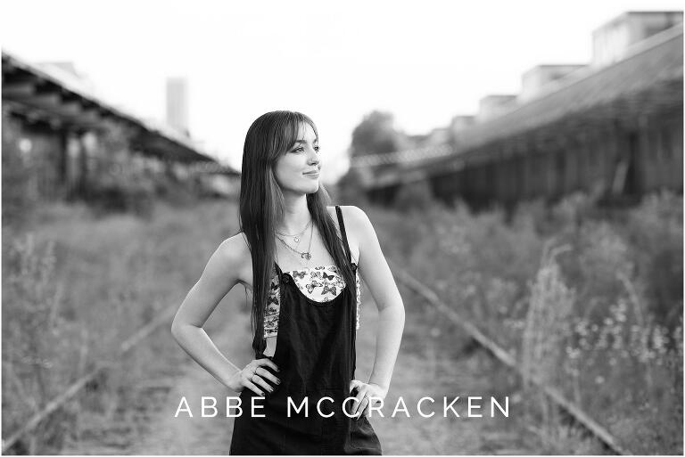 Black and white portrait of a high school senior at Camp North End in Charlotte, NC