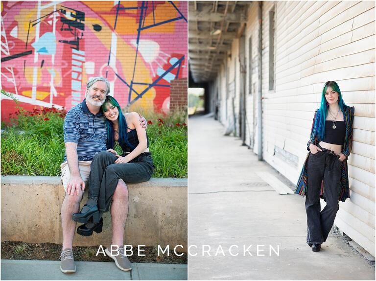 senior pictures in different areas of Camp North End, one with dad