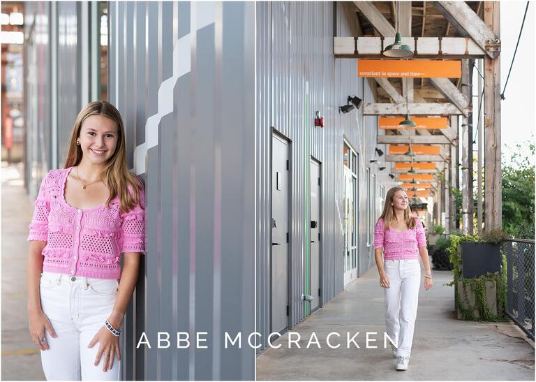 Urban senior portraits at Camp North End, blond in pink sweater