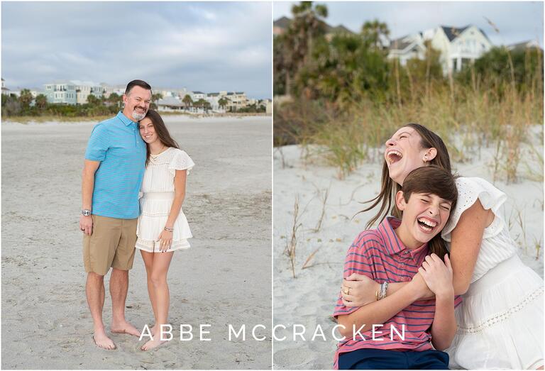 Father and daughter portrait, plus siblings sitting in the sand laughing at each other