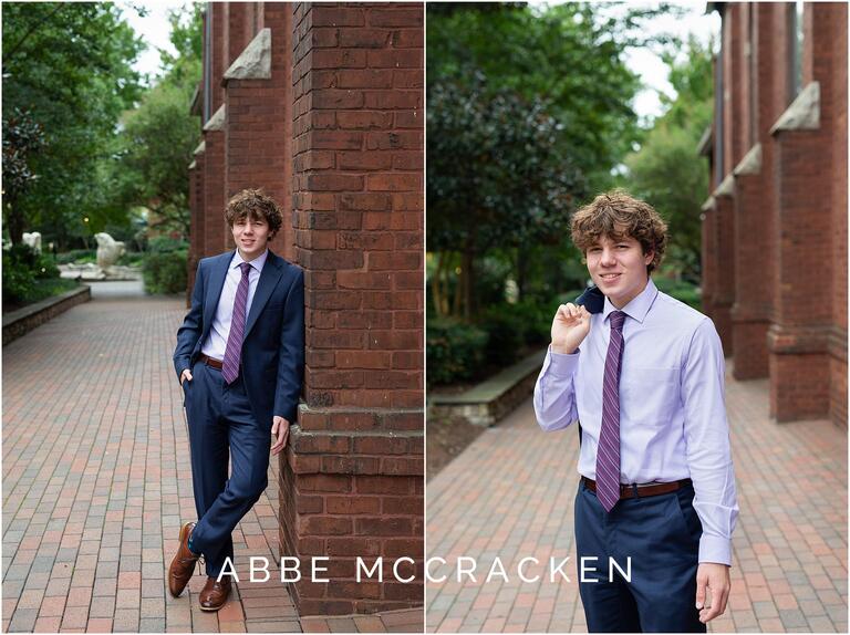 Senior portrait - boy in a blue suit and purple tie