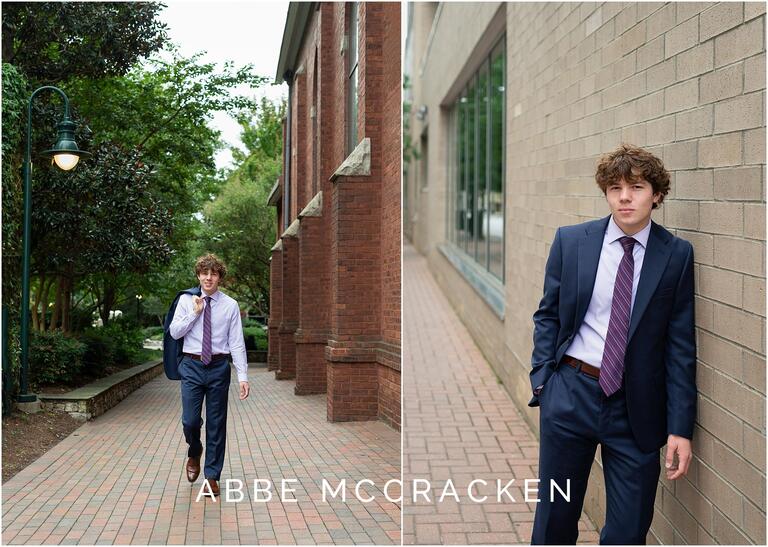 Senior pictures in custom blue suit, Uptown Charlotte NC