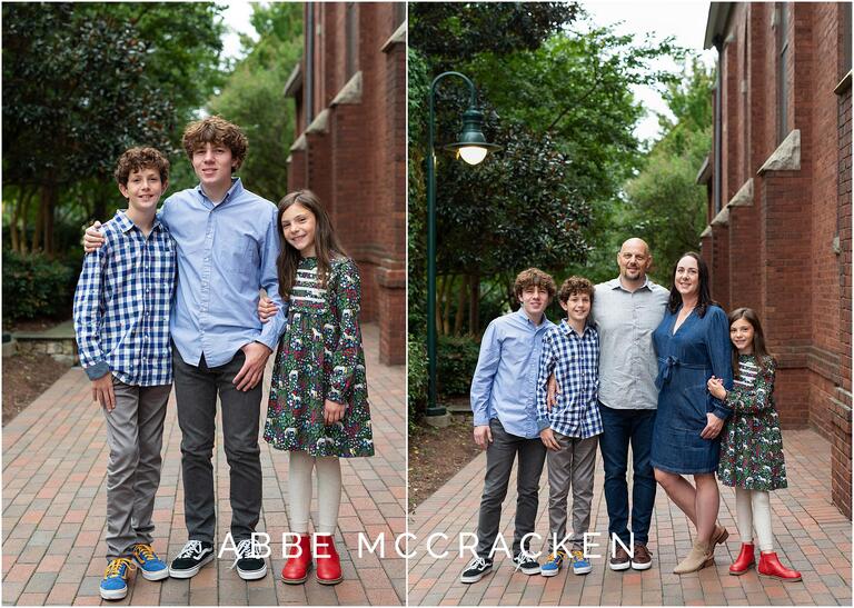 Family pictures on red brick walkway and greenery