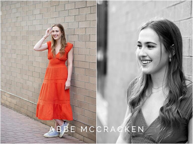 Senior portrait poses against a neutral brick wall