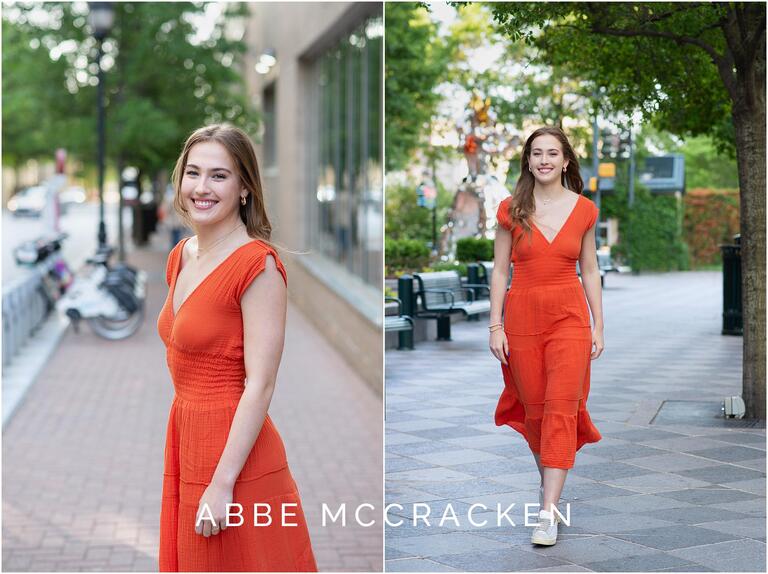 High school senior in orange dress in Uptown Charlotte, NC