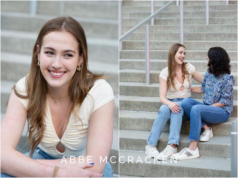 Candid senior pictures on the steps of the Mint Museum