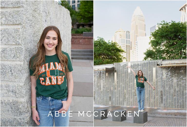 Pictures in Uptown Charlotte of girl wearing University of Miami shirt