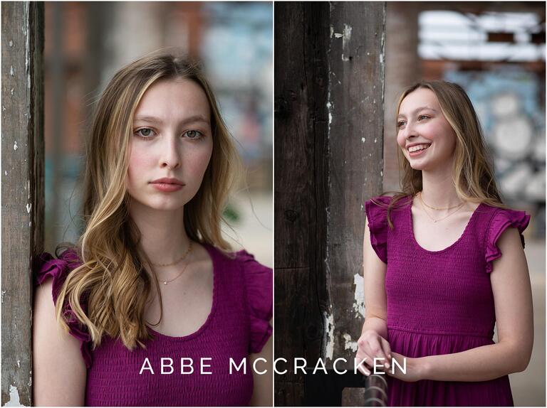 Serious and candid portraits of a high school senior in purple dress