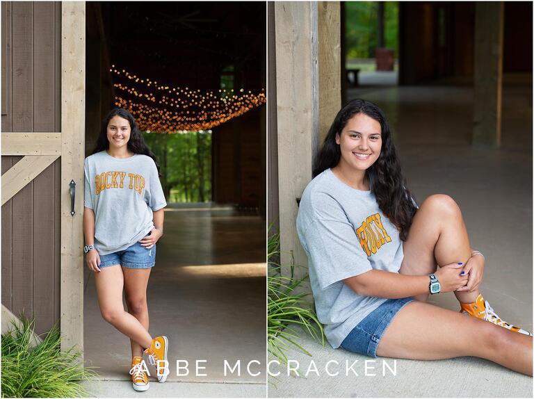 Senior portraits wearing college gear, orange Converse