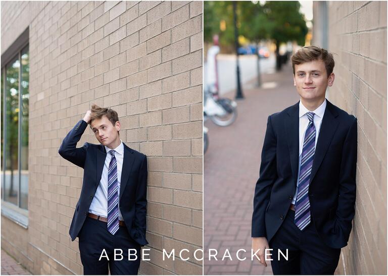 Urban senior portraits of boy in suit and tie, Uptown Charlotte, NC