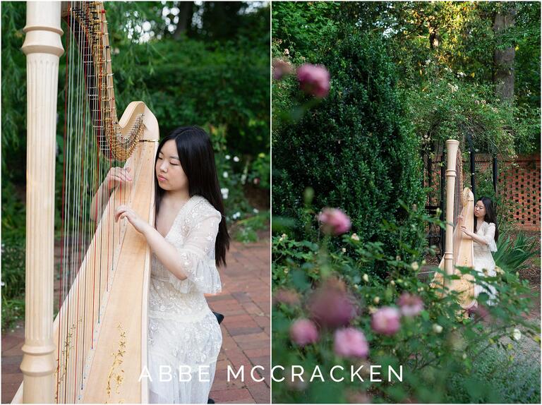 high school senior playing her harp in Winghaven Gardens, Charlotte NC