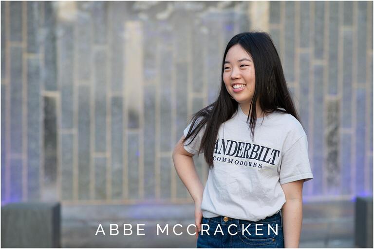 Candid image of high school senior in her Vanderbilt University t shirt