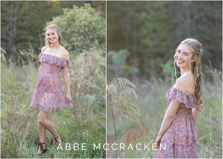 Senior portraits in pink floral dress, long blond hair and wheat grasses