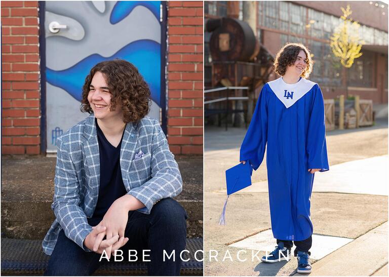 Candid portraits of a high school senior - wearing coat and tee shirt and cap and gown