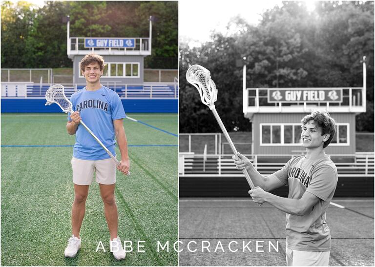 Senior pictures on a lacrosse player on Guy Field at Charlotte Christian School