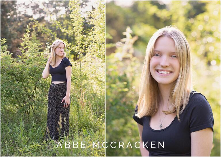 Senior pictures of a petite blonde wearing black t-shirt and long black floral skirt