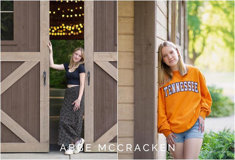 Senior portraits at Marvin Efird Park barn, twinkling lights