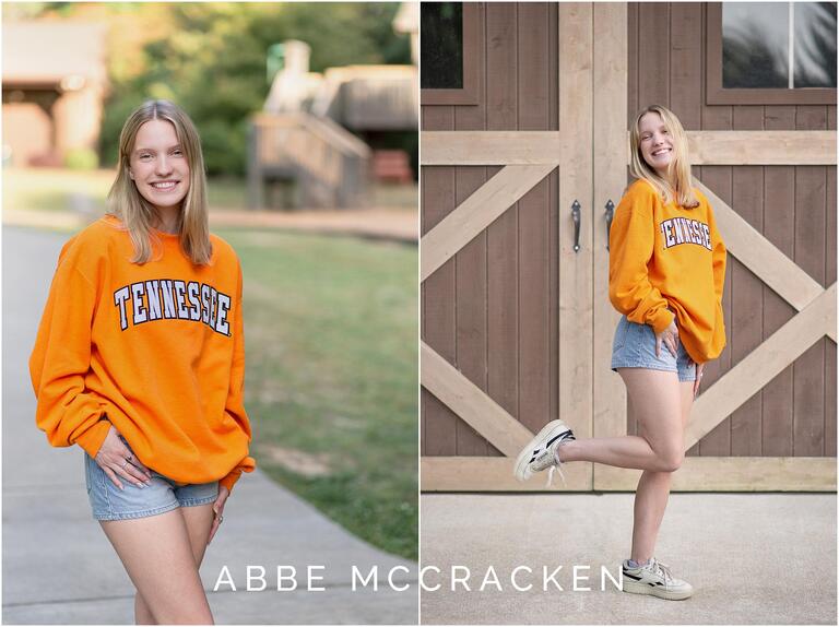 Senior pictures in University of Tennessee sweatshirt