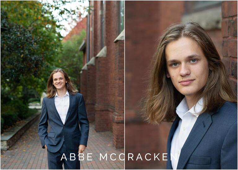 Senior portraits near The Green in Uptown Charlotte. Senior boy photographed wearing a suit, no tie