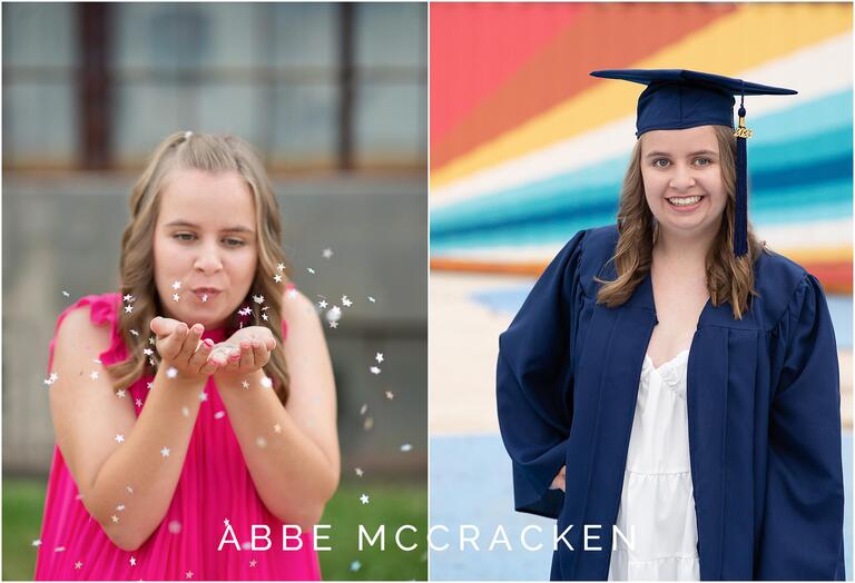High school senior in cap and gown, and blowing star confetti