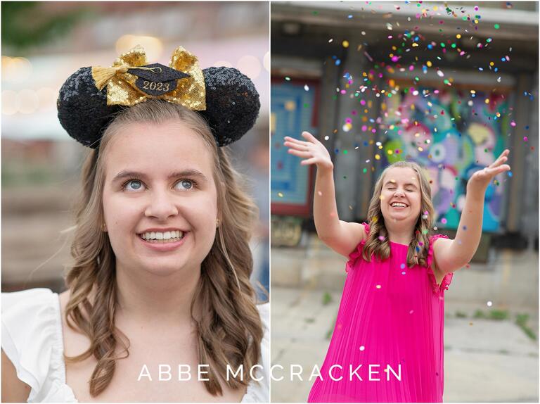 High school senior girl throwing confetti to celebrate graduation and wearing Mickey Mouse ears with graduation cap