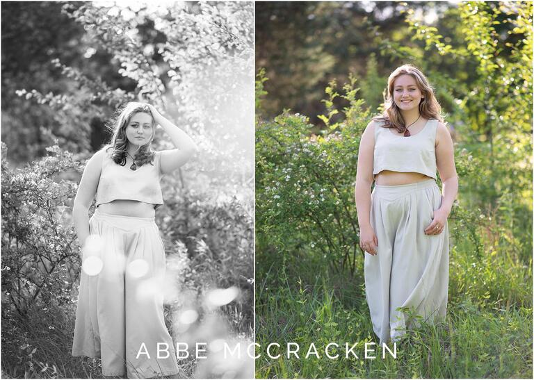 Senior girl wears all white surrounded by spring nature in senior photos