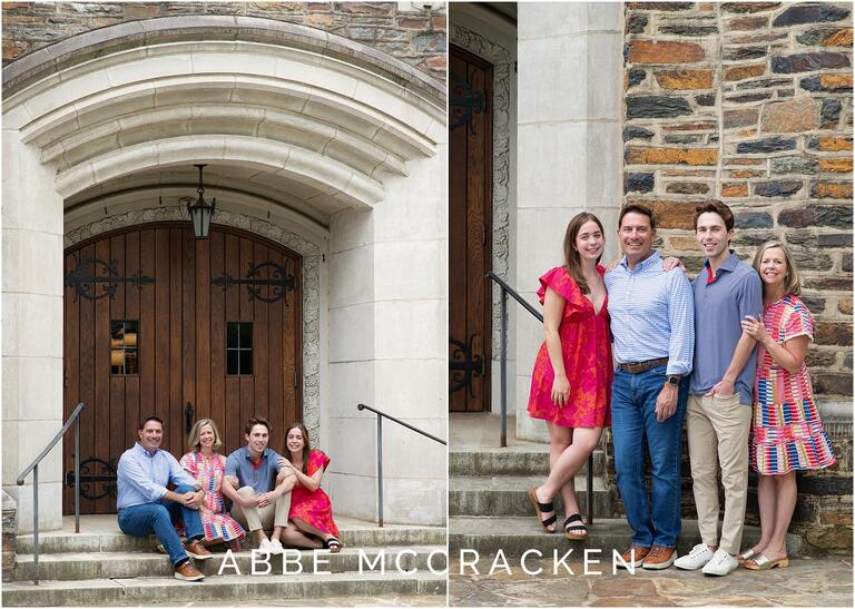 Group family shot in front of stone entrance at senior portrait session