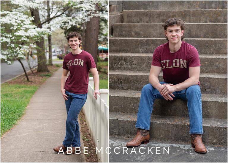 Photos from a senior session in downtown Matthews NC, guy wearing Elon t-shirt