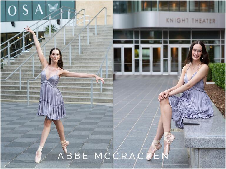 Senior portraits of a ballet senior in costume and wearing pointe shoes, photographed outside of the Knight Theater and Mint Museum, both in Charlotte NC