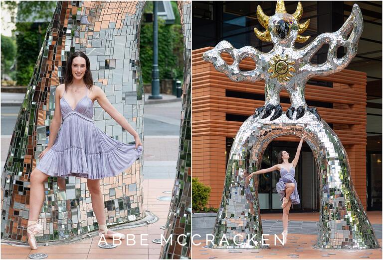 High school senior poses for stunning ballet portraits at The Firebird Sculpture outside of the Bechtler Museum of Modern Art