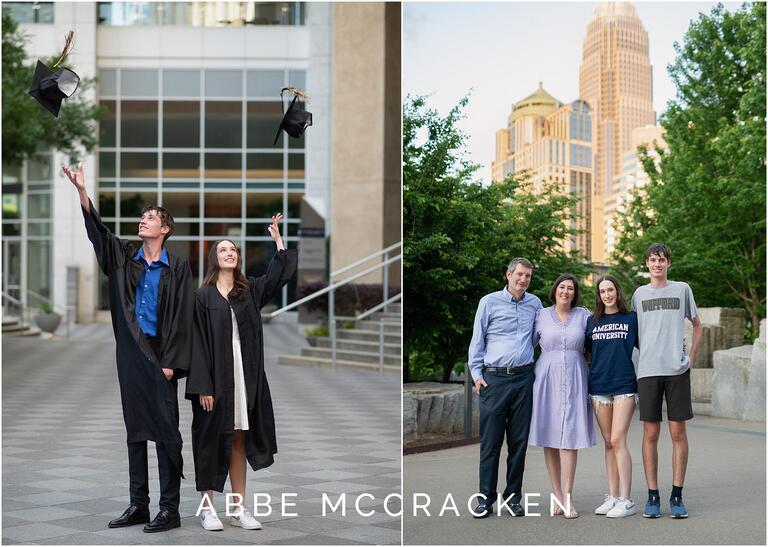 Twin graduates toss caps in the air, family of four photographed with Charlotte skyline and twin are wearing collegiate gear