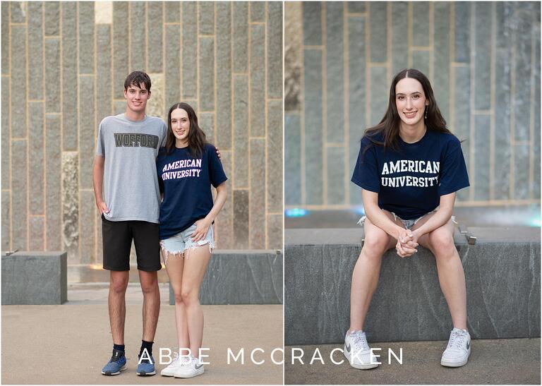 Twin graduates photographed wearing their college t-shirts