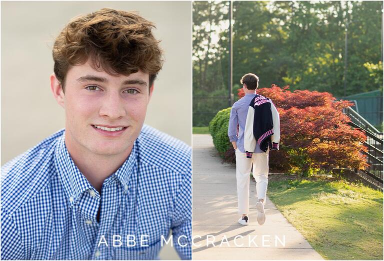 Recent grad and football player wears letterman jacket at senior photo session