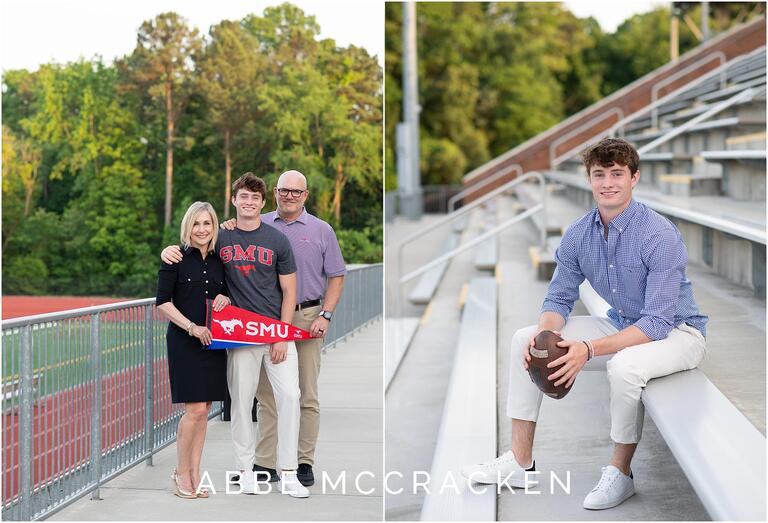 Graduating senior photographed in the stands of his home football field