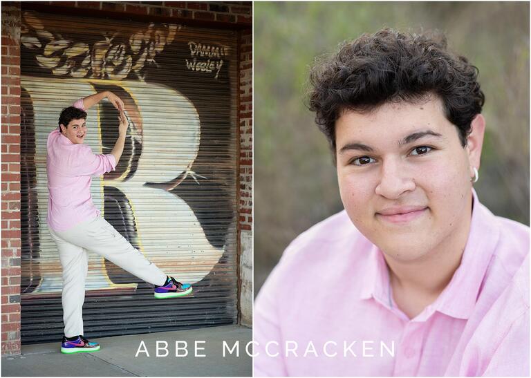 Senior portraits and headshot in pink linen shirt