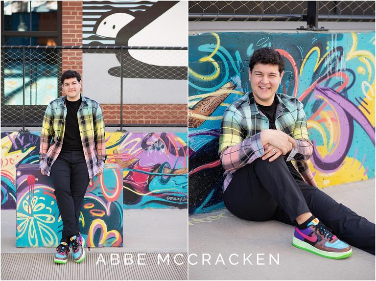 Urban senior portraits in a colorful button up shirt