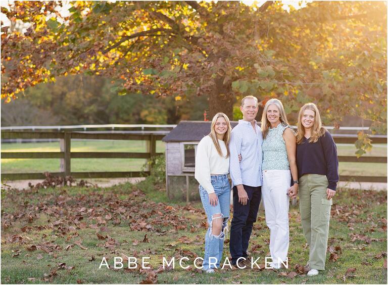 Family portrait on at Old Frankfort Farm and Stables in Waxhaw, NC, gorgeous golden hour sunset