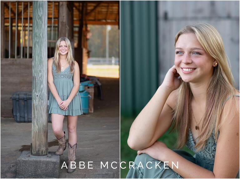 Senior pictures on a farm with green barn