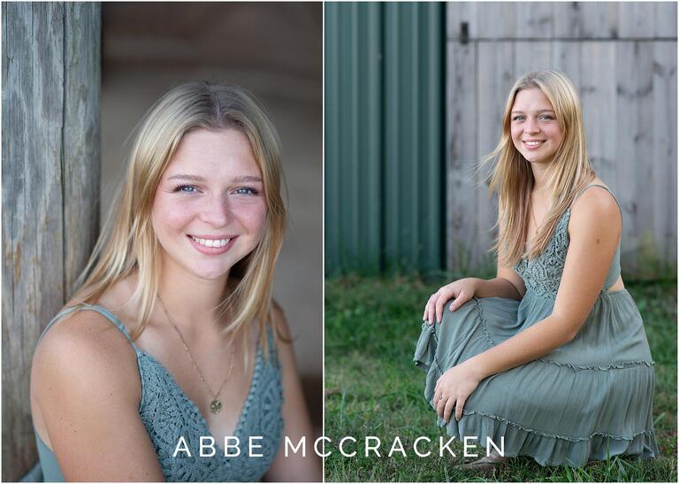 Senior pictures on a farm with green barn