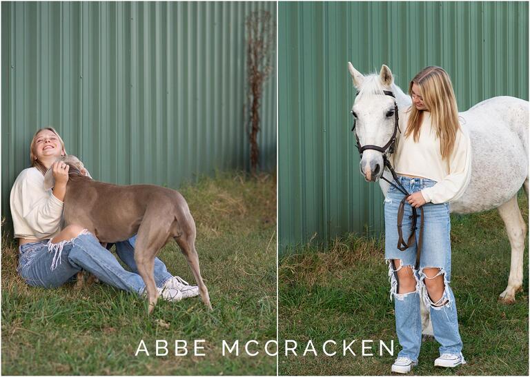 High school senior session photos with pets, includes photos with a dog and a horse