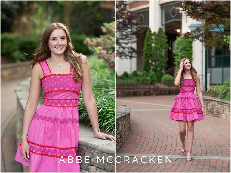 Senior portraits on The Green in Uptown Charlotte, NC, hot pink dress