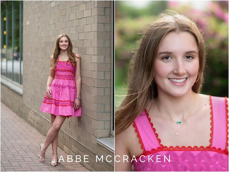 Portraits of a senior girl in hot pink dress in Uptown Charlotte, NC