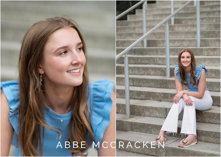High school senior posing on the steps of the Mint Museum in Uptown Charlotte NC