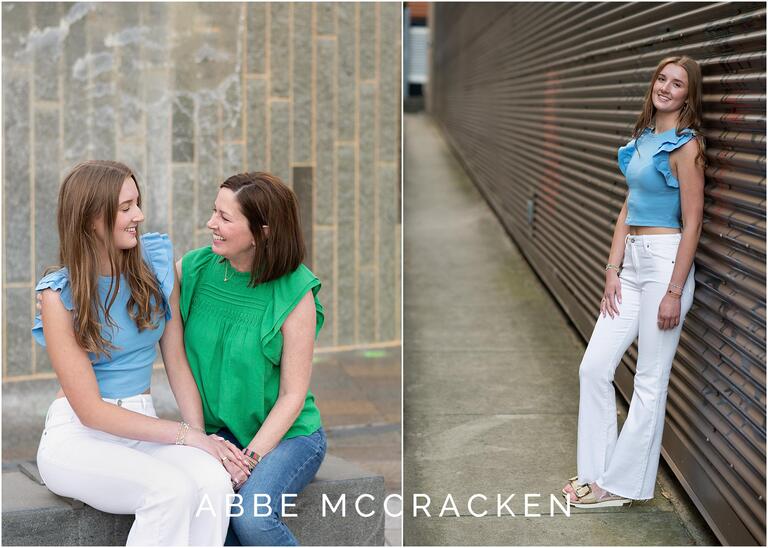 High school senior and her mom laughing at each other