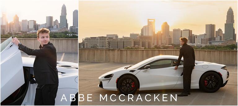 Senior portraits of a guy with sports car, Uptown Charlotte NC in the background at sunset